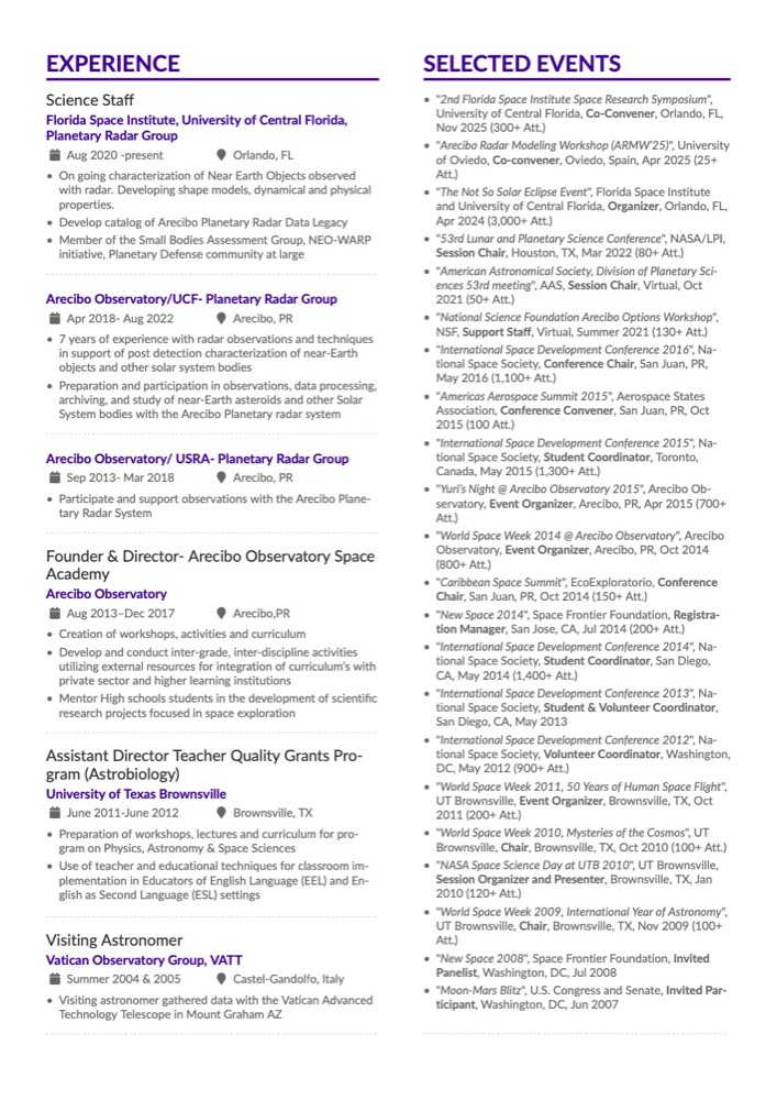 CV page 2: experience and selected events